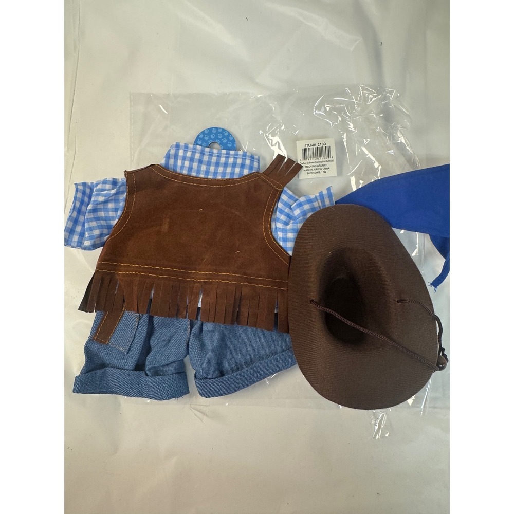 Teddy Mountain 8" Cowboy Plush Outfit Blue Gingham Shirt Brown Vest Hat 2180 - Picture 8 of 12